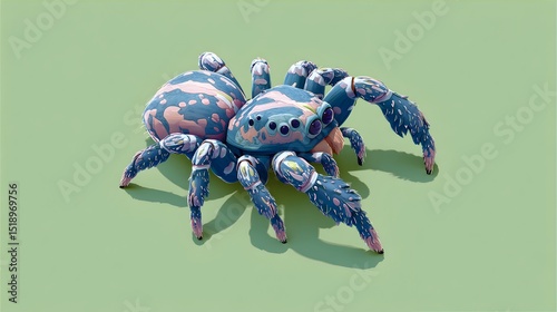 A vibrant stylized illustration depicts a large colorful spider with unique patterned body and fluffy legs against a pale green background.