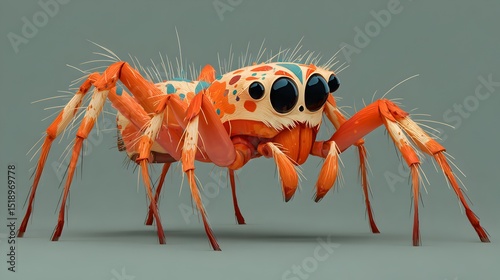 A vibrant orange jumping spider with unique colorful spots is digitally illustrated against a muted grey background.