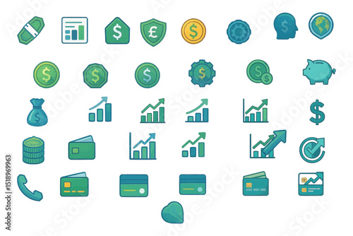 vector icons of finance, financial instruments, data encryption, investments, analytics and statistics in the financial sector, cryptocurrency, blockchain, visualization of electronic payments.