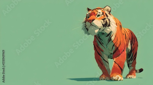 A majestic Bengal tiger stands proudly against a muted green background showcasing its powerful physique and striking orange and black stripes.