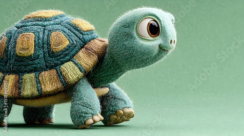 An adorable cartoon turtle with big eyes and a fluffy walks on a green background perfect for children's books illustrations.