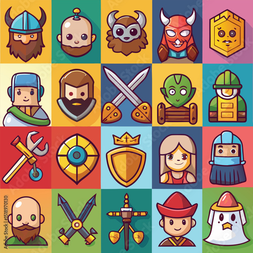 Cartoon Character and Object Icons in a Colorful Grid Pattern