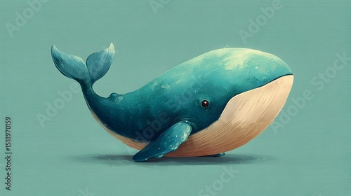 An adorable cartoon whale swims playfully in a tranquil teal ocean scene perfect for children's books and illustrations.