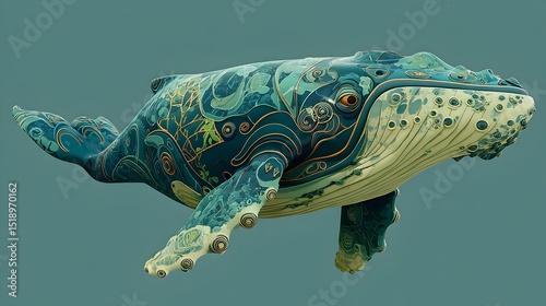An intricately decorated humpback whale swims gracefully through a serene teal ocean background showcasing exquisite artistic detail and vibrant