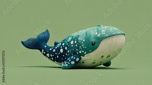 Adorable cartoon whale with blue and white spots swims on a pale green background in a playful underwater scene.
