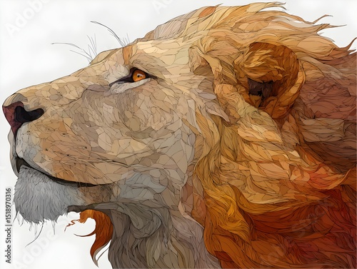 A majestic lion's head portrait in a detailed stylized illustration with earthy tones and intricate linework shows power and grace.