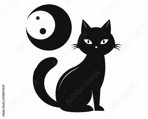 Black cat under a full moon on halloween vector, A Halloween black cat sitting under a full moon silhouette. vector illustration