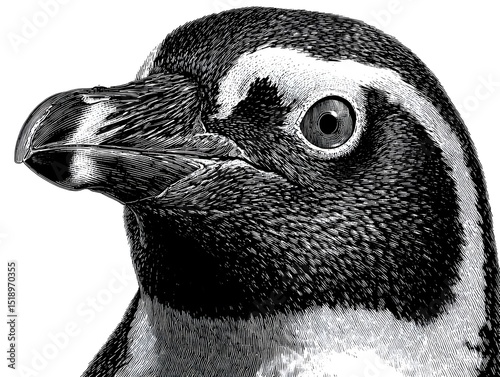 A detailed close-up illustration depicts a Humboldt penguin's head and beak against a pure white background showcasing intricate feather details.