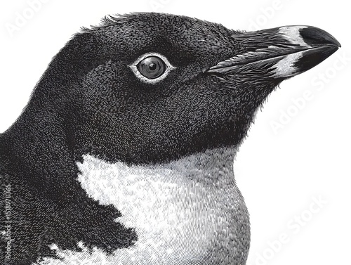 A detailed close-up illustration showcases a little penguin's head and neck in exquisite black and white detail perfect for wildlife or nature