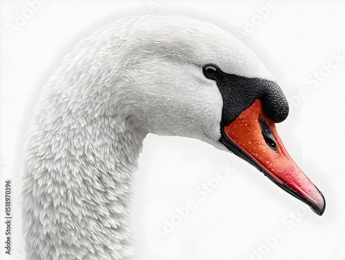 A majestic white swan elegantly poses against a pristine white background showcasing its beautiful feathers and vibrant beak.
