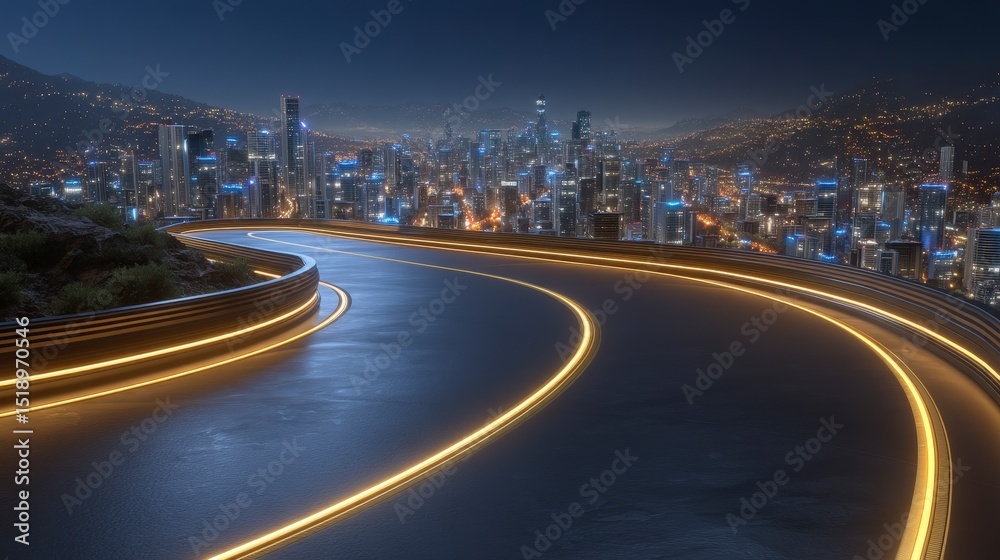 Obraz premium Futuristic City Nightscape Glowing Road Modern Architecture Scenic View