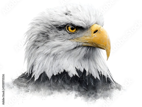 Majestic bald eagle portrait against a white background showcasing its intense gaze and detailed feathers in a stylized artistic rende.