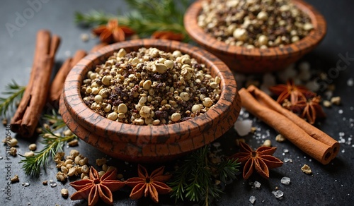 Vibrant Spices in Wooden Bowl with Star Anise and Cinnamon Sticks.