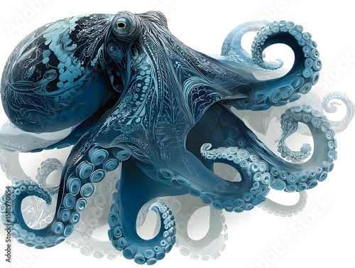 A stunning artistic rende of a blue octopus with intricate swirling patterns and detailed tentacles against a white background.