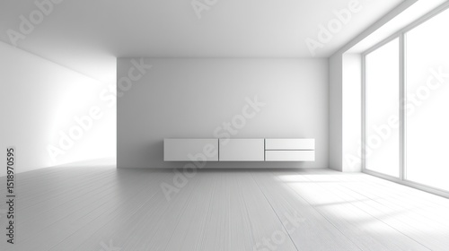 Empty room with minimalist furniture and large window.