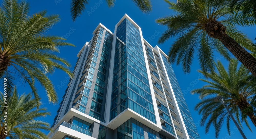 Obraz premium Modern condominium building with glass facade, palm trees, clear blue background, taken from low angle