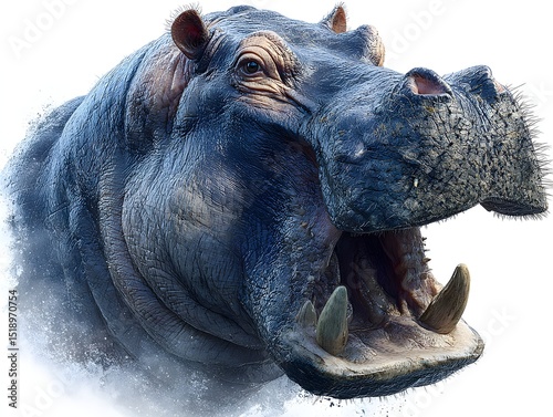 A majestic hippopotamus portrait showcases its powerful jaws and intense gaze against a misty white background.