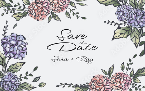 Hand drawn botanical hydrangea flower frame border with copy space in the center. perfect for wedding banner, save the date poster, wallpaper.