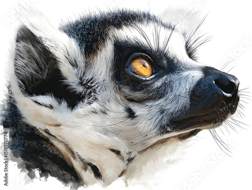 A detailed close-up portrait of a -tailed lemur showcases its striking amber eyes and distinctive black and white fur against a white background.