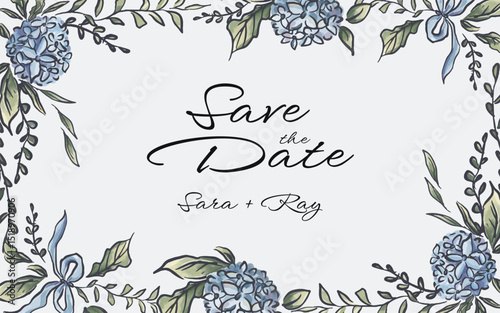 Hand drawn botanical hydrangea flower frame border with copy space in the center. perfect for wedding banner, save the date poster, wallpaper.