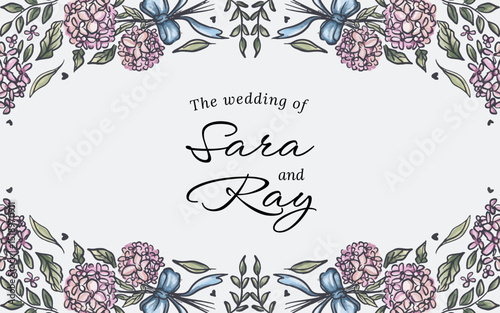 Hand drawn botanical hydrangea flower frame border with copy space in the center. perfect for wedding banner, save the date poster, wallpaper.
