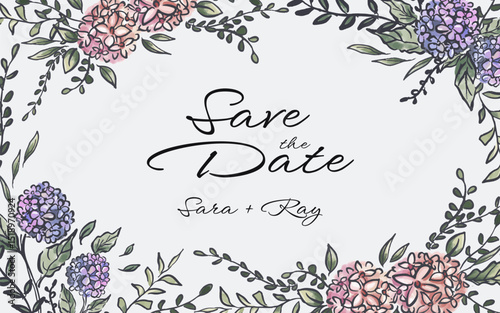 Hand drawn botanical hydrangea flower frame border with copy space in the center. perfect for wedding banner, save the date poster, wallpaper.