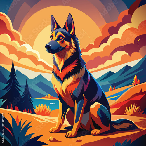 Majestic German Shepherd Dog Sitting in a Colorful Landscape Illustration