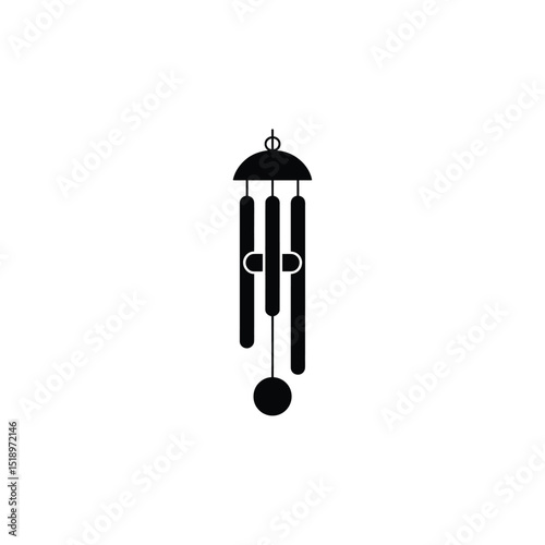 Black Silhouette Illustration of Wind Chime with Three Chimes and Circular Pendulum