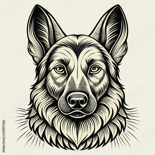 Elegant German Shepherd Dog Head Engraving Style Illustration