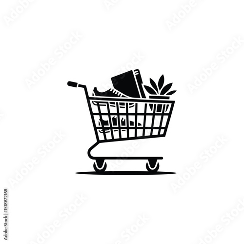 Black Silhouette Illustration of Shopping Cart Filled With a Shoe, Book, and Plant