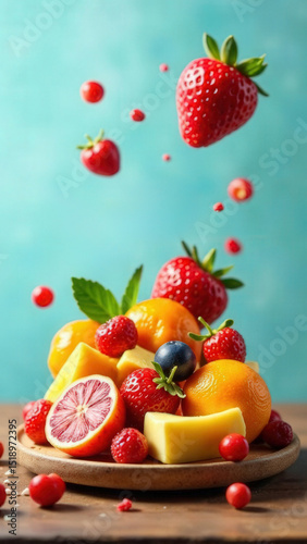 Vertical photo format, fruits and berries levitating over a plate on a blue background