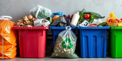 Organic waste sorted into separate containers for recycling, reducing pollution  Bags and bins are shown,  earth day,  organic waste