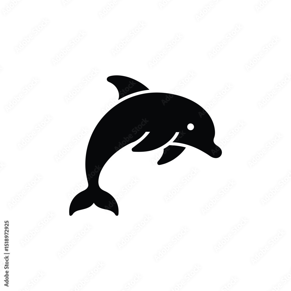 Fototapeta premium Black Silhouette of a Dolphin Leaping Upward on a White Background