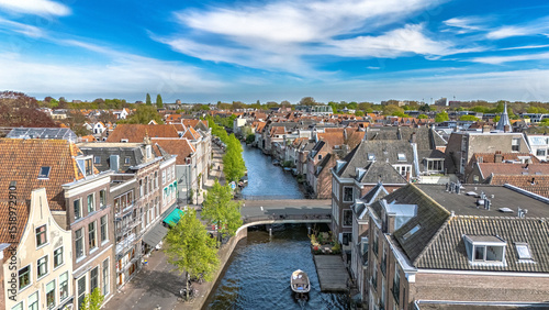 Leiden town aerial drone view from above, typical Dutch city skyline with canals and houses, Leiden architecture, South Holland, the Netherlands