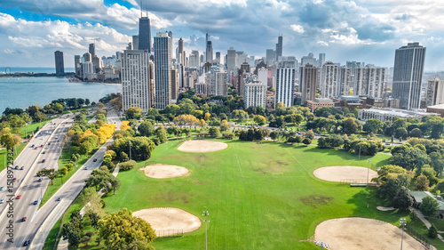 Chicago skyline aerial drone view from above, city of Chicago downtown skyscrapers cityscape bird's view from park, Illinois, USA