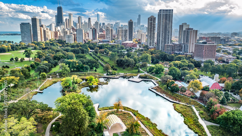 Chicago skyline aerial drone view from above, city of Chicago downtown skyscrapers cityscape bird's view from park, Illinois, USA