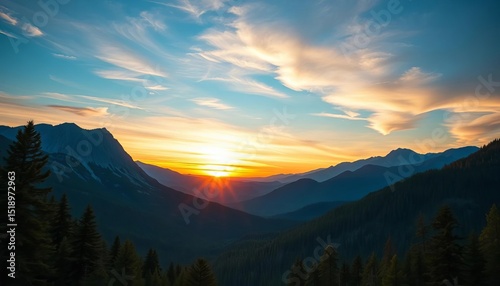 Panoramic sunset over majestic mountains and lush forest ,  wilderness,  serene