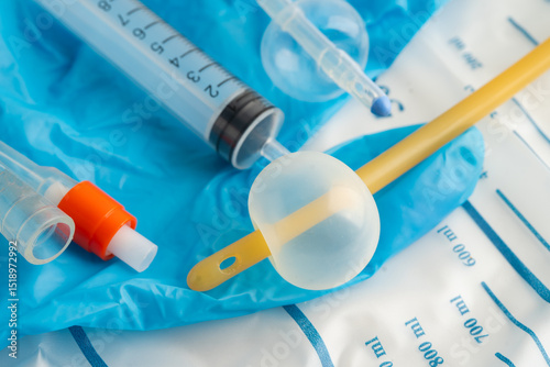 Foley urinary catheter with urine bag for disability or patient in hospital.