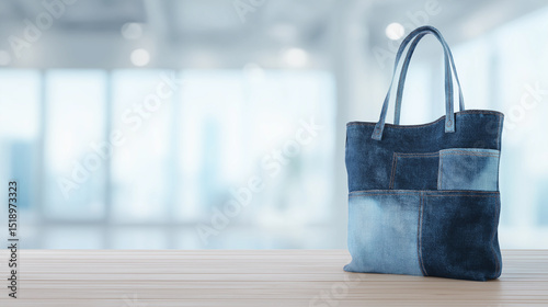 Wallpaper Mural Stylish patchwork denim handbag displayed on a wooden table in a bright modern room.
 Torontodigital.ca