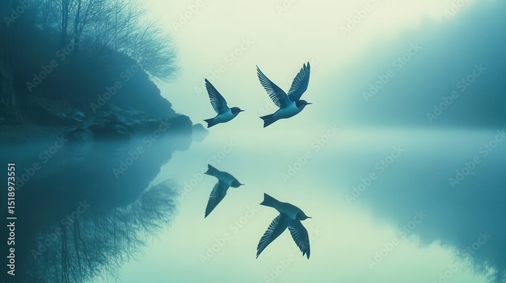 Fototapeta premium Serene Birds in Flight Over Misty Water Reflection