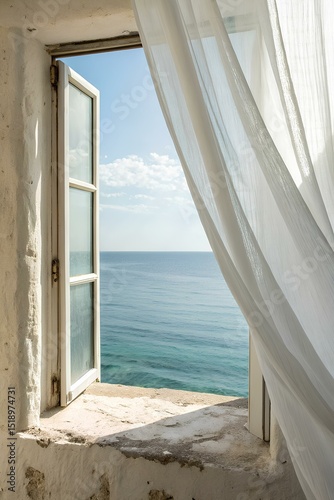 Open white window with light curtain flowing in the breeze, offering a peaceful view of calm blue sea and sky, perfect summer day on the Mediterranean coast