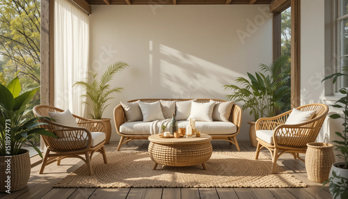 The texture of the wicker, wood, and jute rug adds depth and tactility to the scene, while the soft light and gentle shadows create a sense of warmth