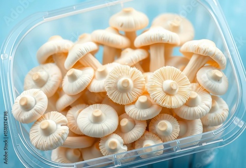 Creamy white mushrooms nestled in a clear plastic punnet,  market,  fungi