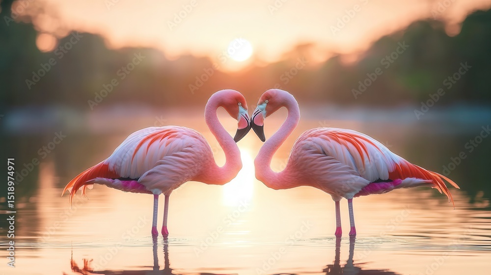Naklejka premium Two Flamingos Forming a Heart Shape at Sunset