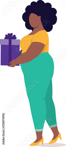 Side View Of A Plus Size Black Woman Holding A Present Gift Box.