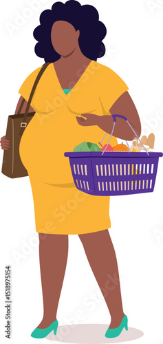 One Plus Size Black Pregnant Woman Walking While Carrying A Shopping Basket Loaded With Groceries.
