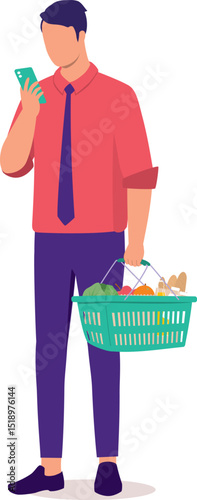 One Young Man With Groceries Basket Checking At His Mobile Phone.