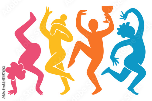 People Party illustration, colorful minimalist style, mid-century modern, childlike shapes, whimsical character design, no outlines, solid colors, stylized proportions
