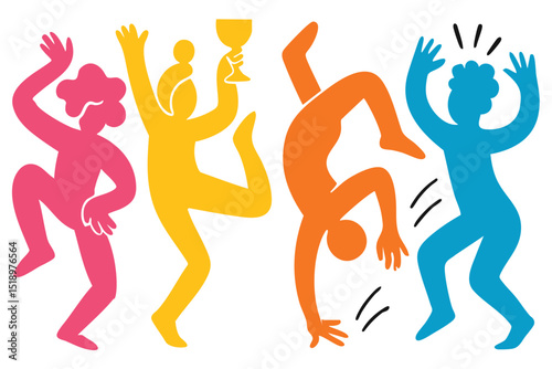 People Party illustration, colorful minimalist style, mid-century modern, childlike shapes, whimsical character design, no outlines, solid colors, stylized proportions