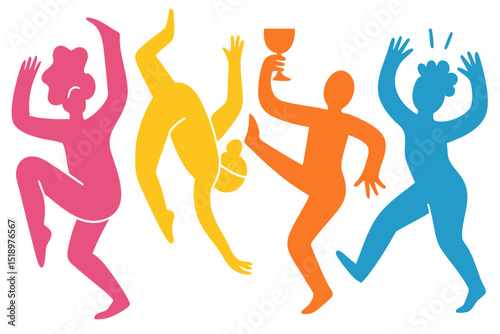 People Party illustration, colorful minimalist style, mid-century modern, childlike shapes, whimsical character design, no outlines, solid colors, stylized proportions